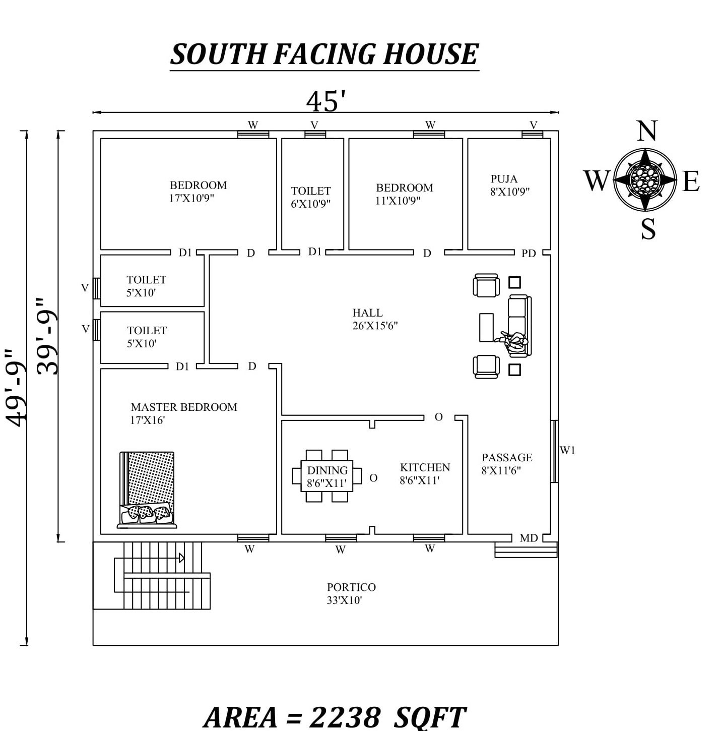 45x49.9 South-Facing 3BHK House Plan Vastu-Compliant AutoCAD PDF file