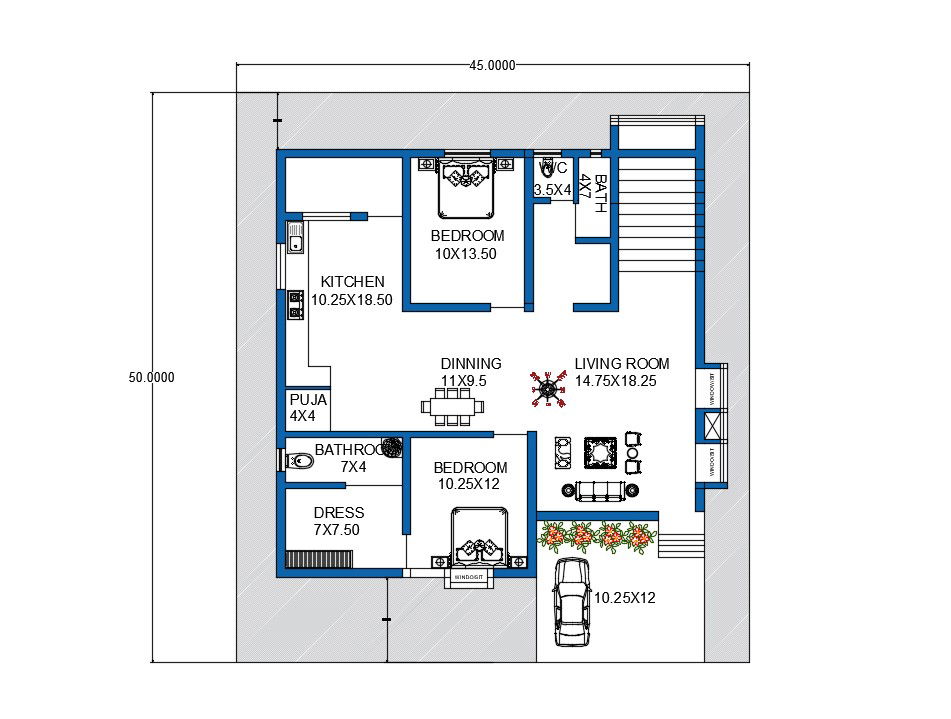 45X50 Meter East Facing House Plan Drawing Download DWG File