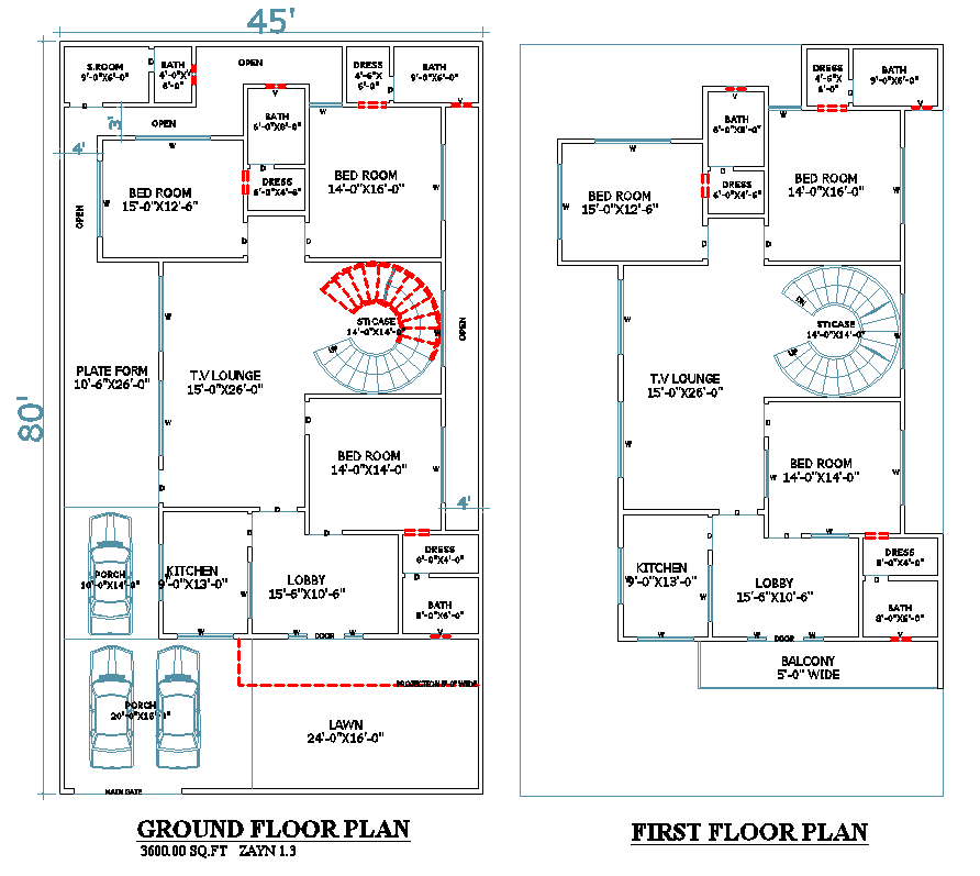 45x80 Double Story Home Plan with Circular Stair in DWG File