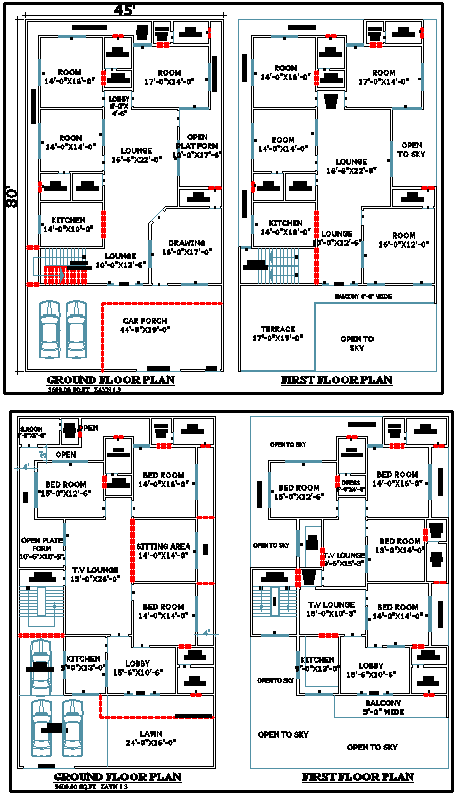 45×80 Modern Two-Story House Plan with Porch in CAD File