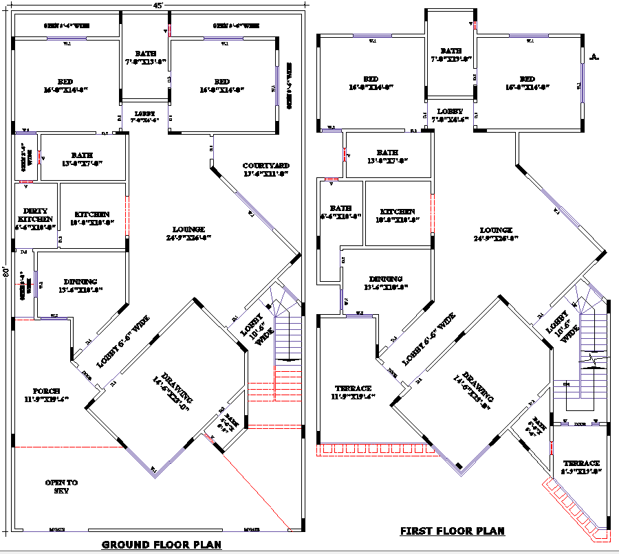 45x80 Modern House Plan DWG File with Ground and First Floor