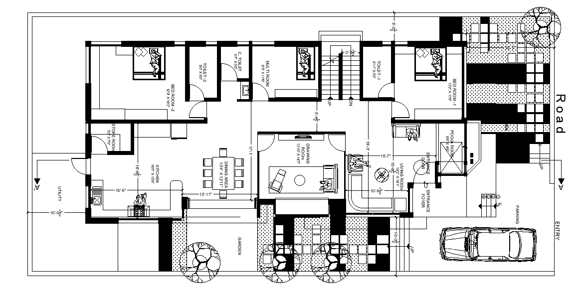 45'X90' House Layout Plan Plan AutoCAD Drawing Download DWG File