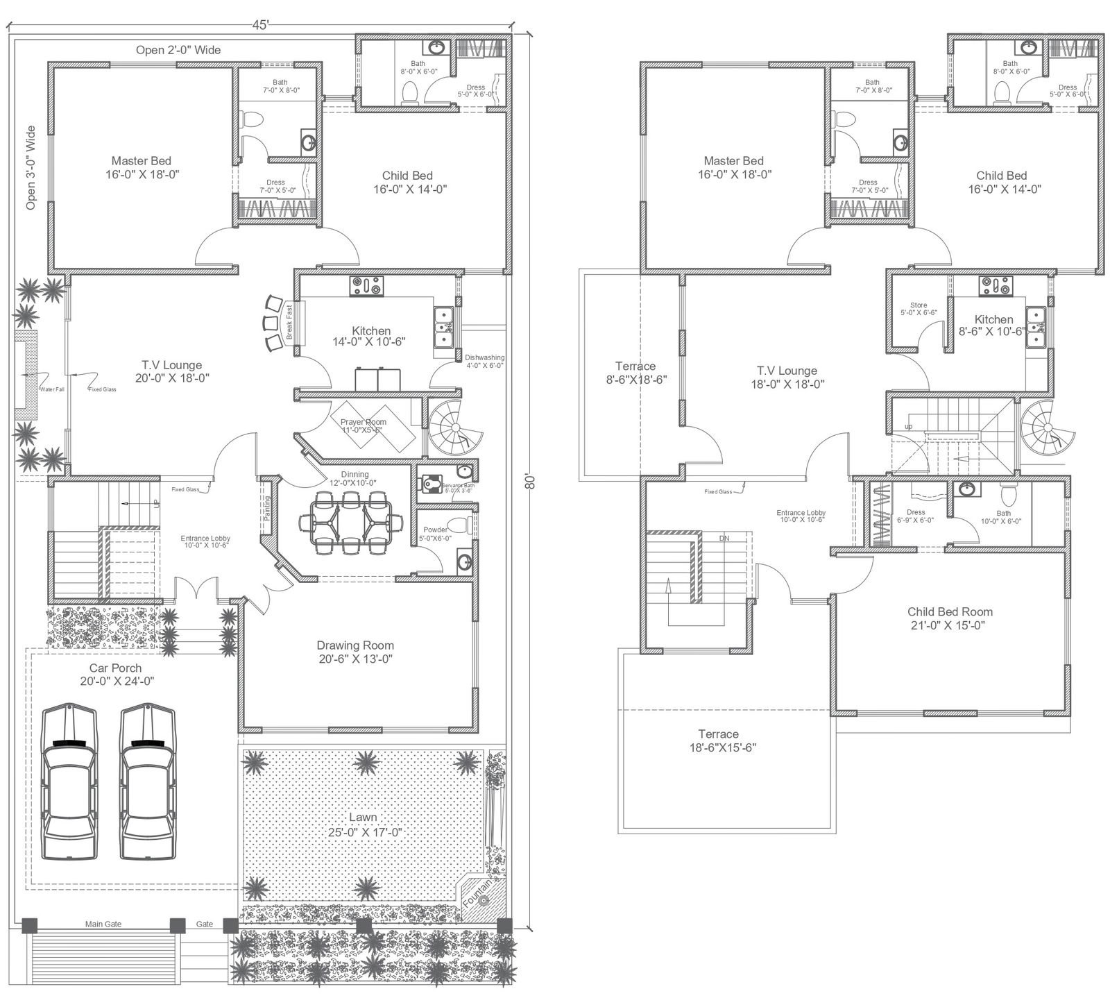 45ft X 80ft plot two storey house with two car parking capacity detailed plan DWG AutoCAD drawing.