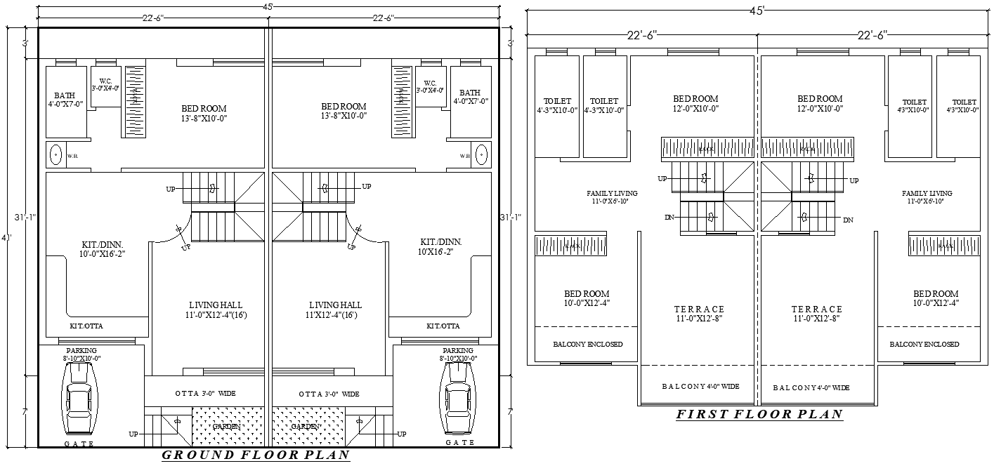 45x41Feet 6BHK Ground and First Floor House Plan DWG File