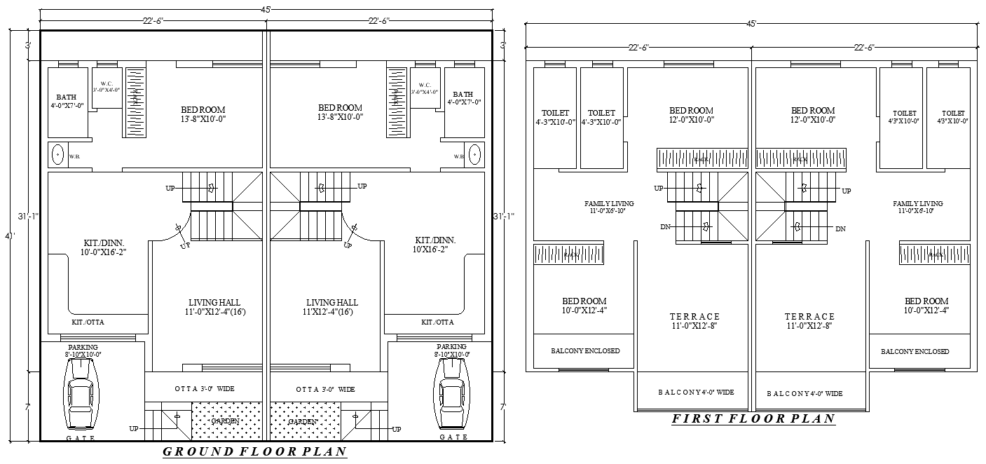 45x41Feet House Floor Plan AutoCAD Drawing for Design