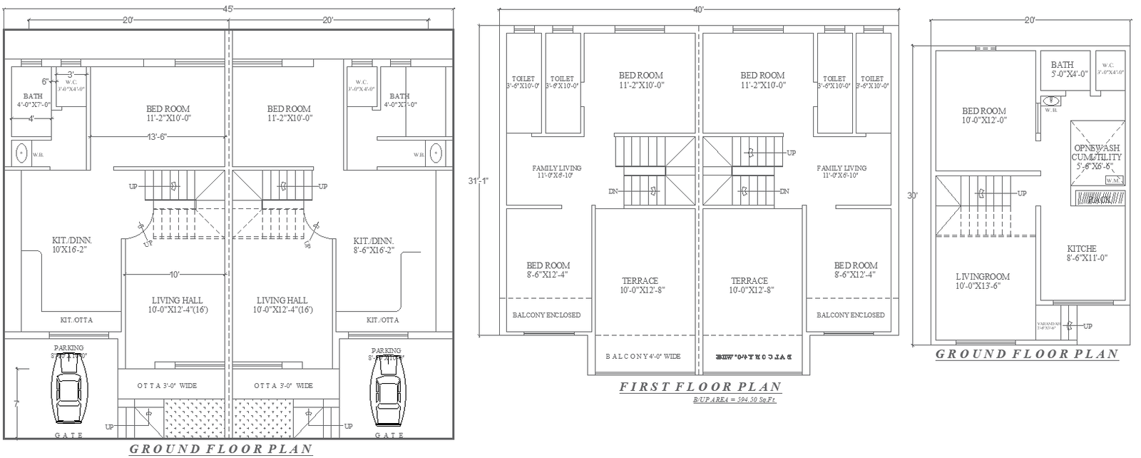 45ftx41ft Ground and First Floor House Plan in DWG File