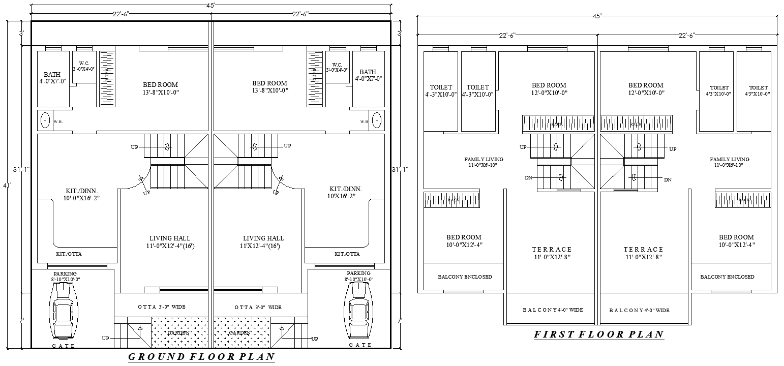 45x41 House Plan DWG with Ground and First Floor Layout