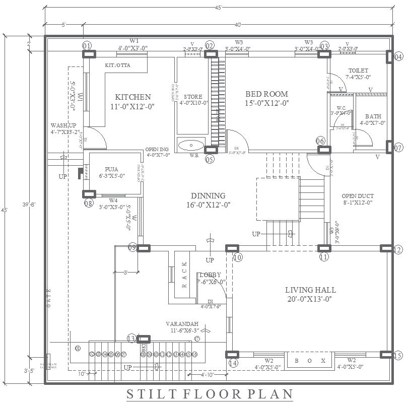 1BHK Stilt Floor Home Plan 45x45ft Layout in AutoCAD File