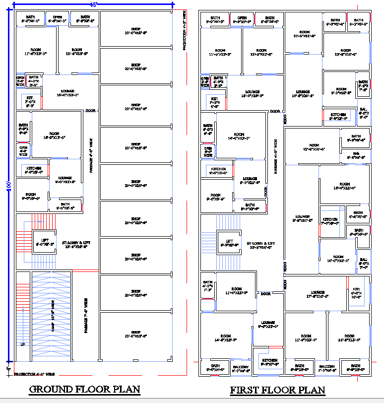 45x100 Mixed-Use Building Plan with Shops and DWG File