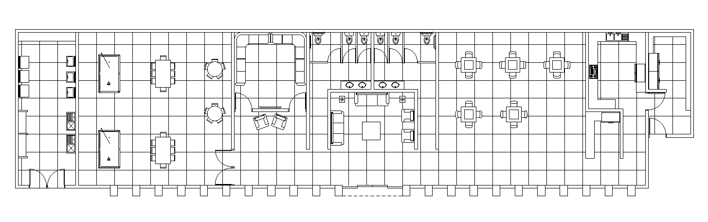 45x10m restaurant plan is given in this AutoCAD drawing model. Download now.