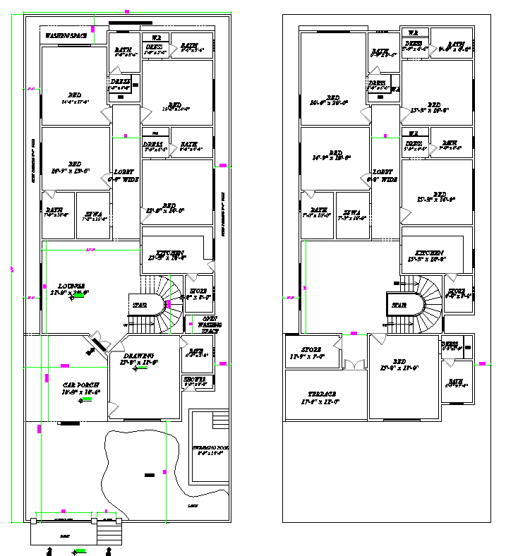 45×110 duplex bungalow AutoCAD File with pool and lawn