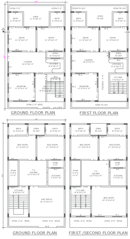 AutoCAD DWG 45x25 Feet House Floor Plan Architectural