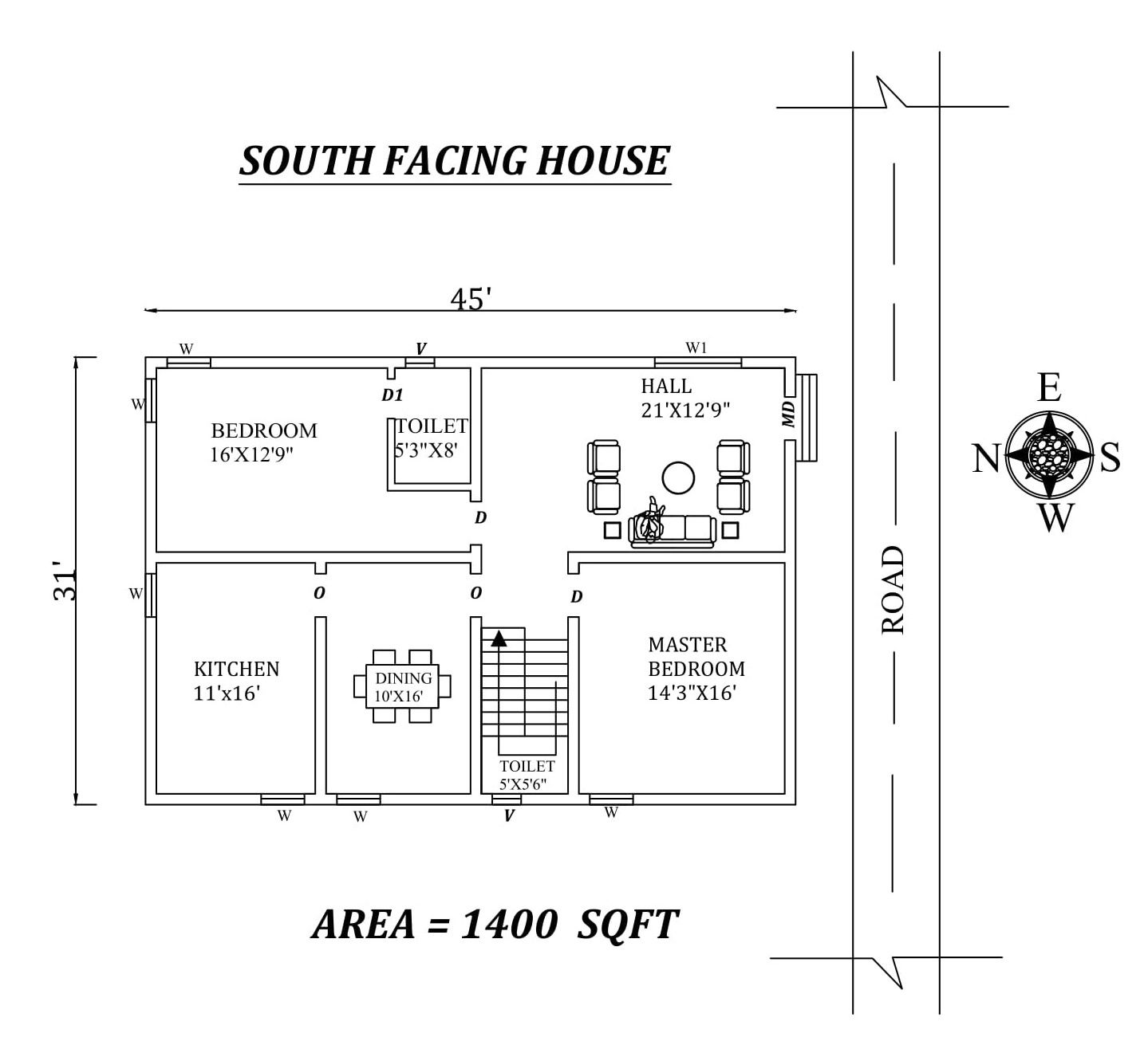 45'x31' South Facing 2BHK House plan as per vasthu shastra, autocad drawing and PDF file details