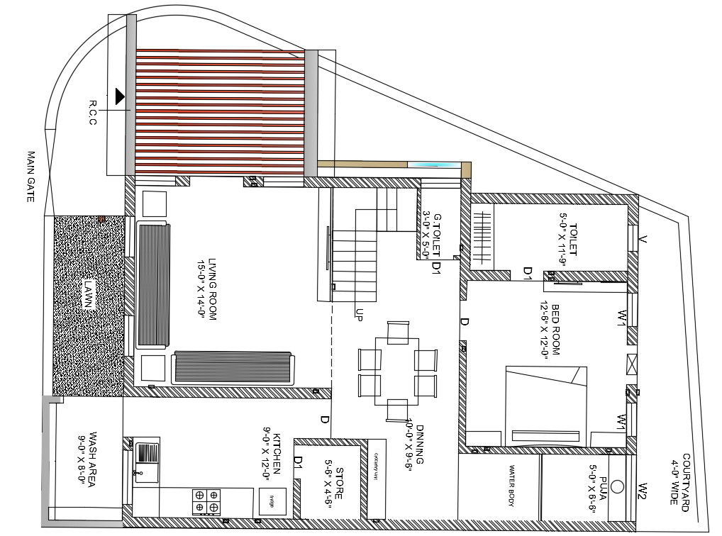 45’x31’ ground floor house plan is given in this Autocad drawing file. Download now.