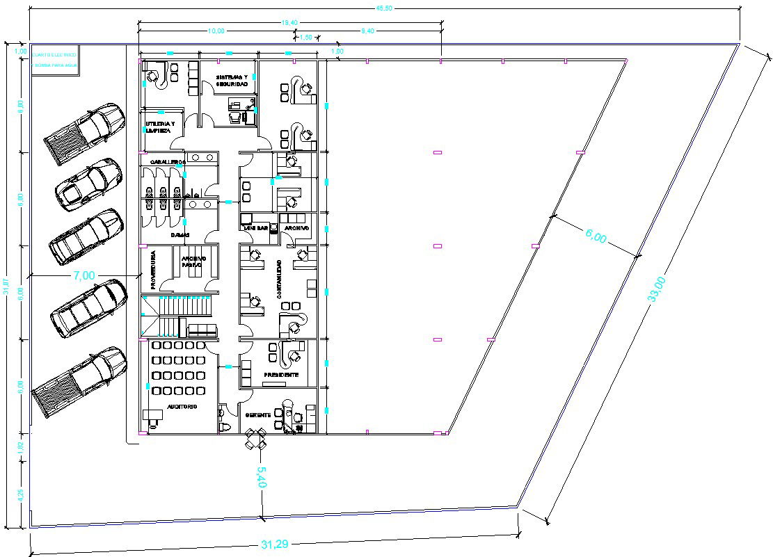 45x31m office AutoCAD plan is given in this file