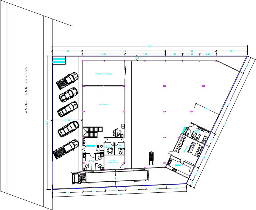 45x31m showroom AutoCAD drawing is given in this file