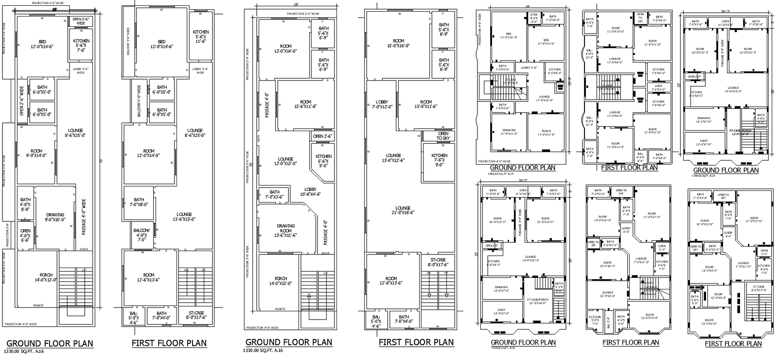 DWG 45’x32’8” 1BHK house plan with two-floor layout