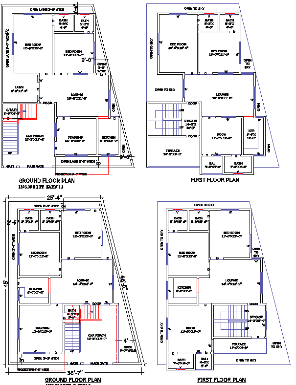 45x37 Two-Storey Residential DWG Plan with CAD Details