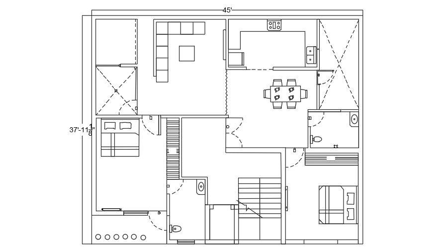 45x38 Feet 2 BHK AutoCAD Plan Layout File