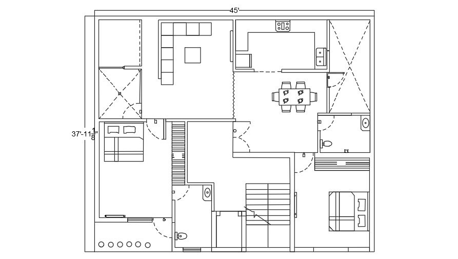 45x38 Feet 2 BHK AutoCAD Plan Layout File Cadbull