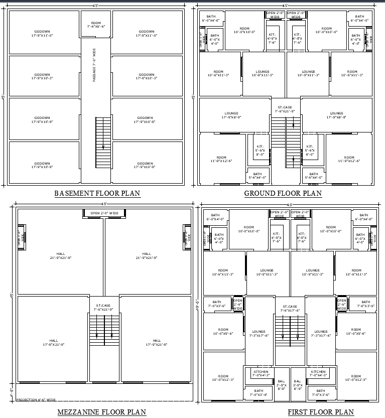 45x49 Multi-Floor Commercial Residential Plan in DWG File