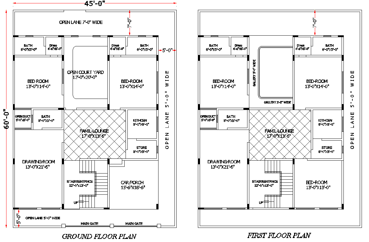 Modern 45×60 Bungalow CAD Drawing File with Courtyard