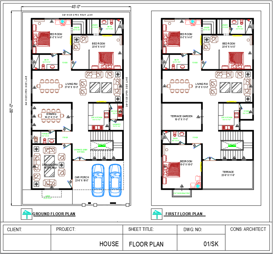 45x80 Bungalow Architecture Floor Plan in AutoCAD DWG File