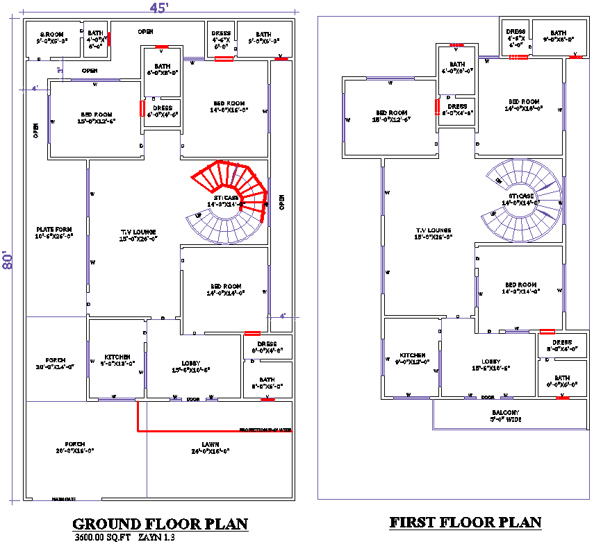 45x80 Double-Storey House Plan with Spacious in DWG File