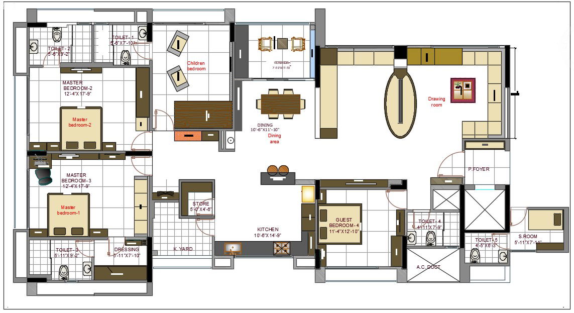 45'x82' AutoCAD 4 BHK House Interior Layout CAD Drawing DWG File