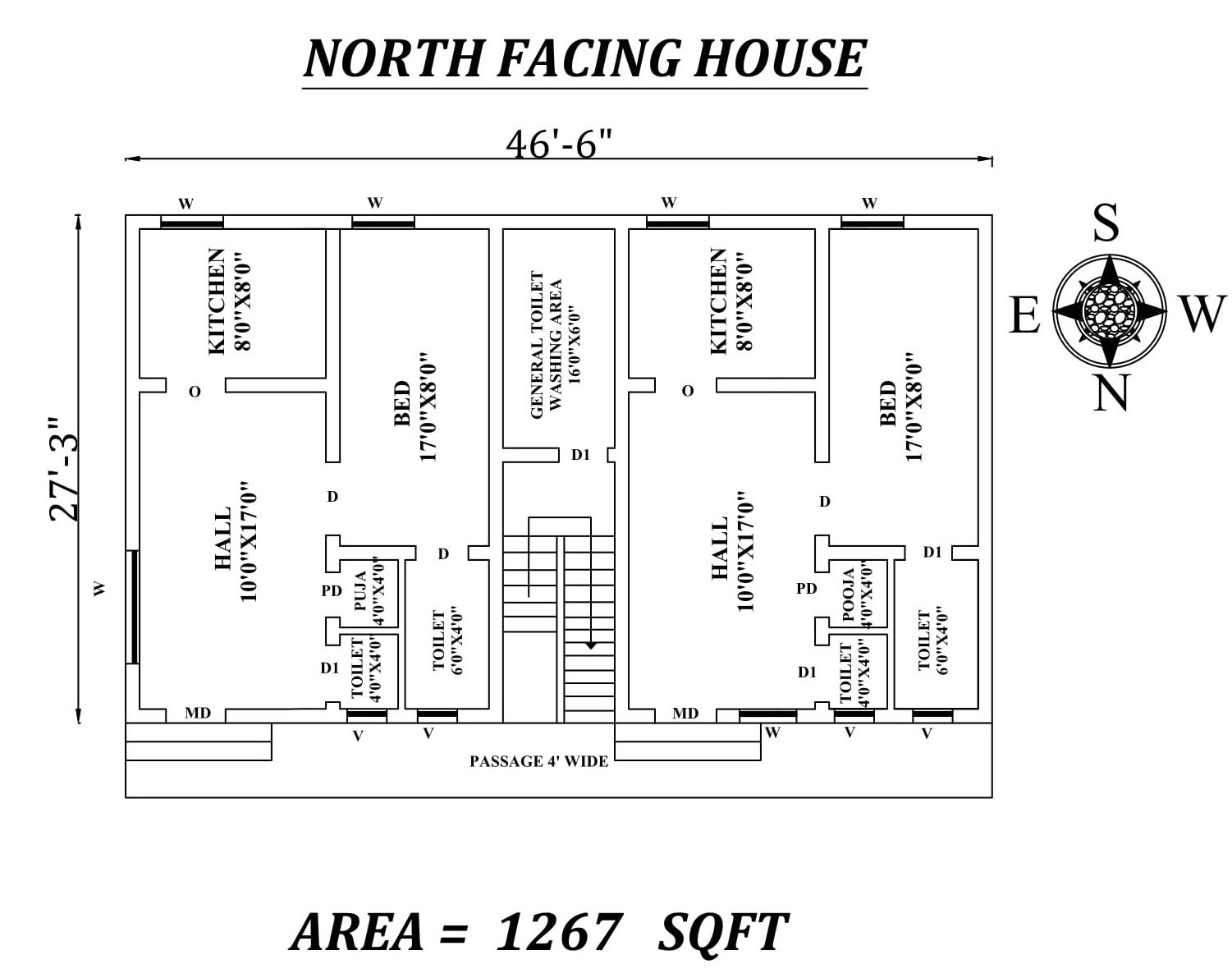 46'6" X27'3" Single the north facing Dual House Plan As Per Vastu Shastra.Autocad DWG and Pdf file details.