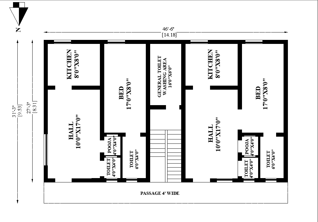 46'6"X31' blueprint plan of North facing 1bhk house plan as per Vastu Shastra.Download Autocad DWG and PDF file .