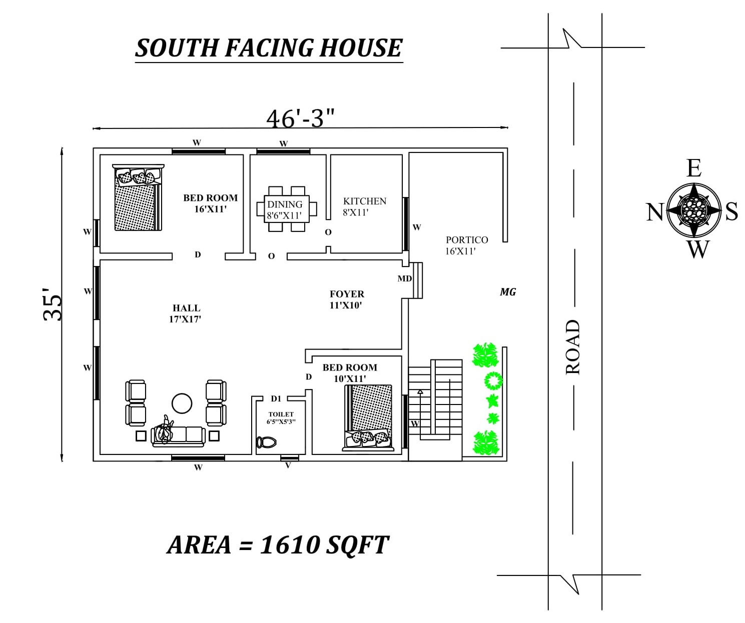46'X35' 2bhk Awesome South facing House Plan As Per Vastu Shastra. Autocad DWG and Pdf file details.