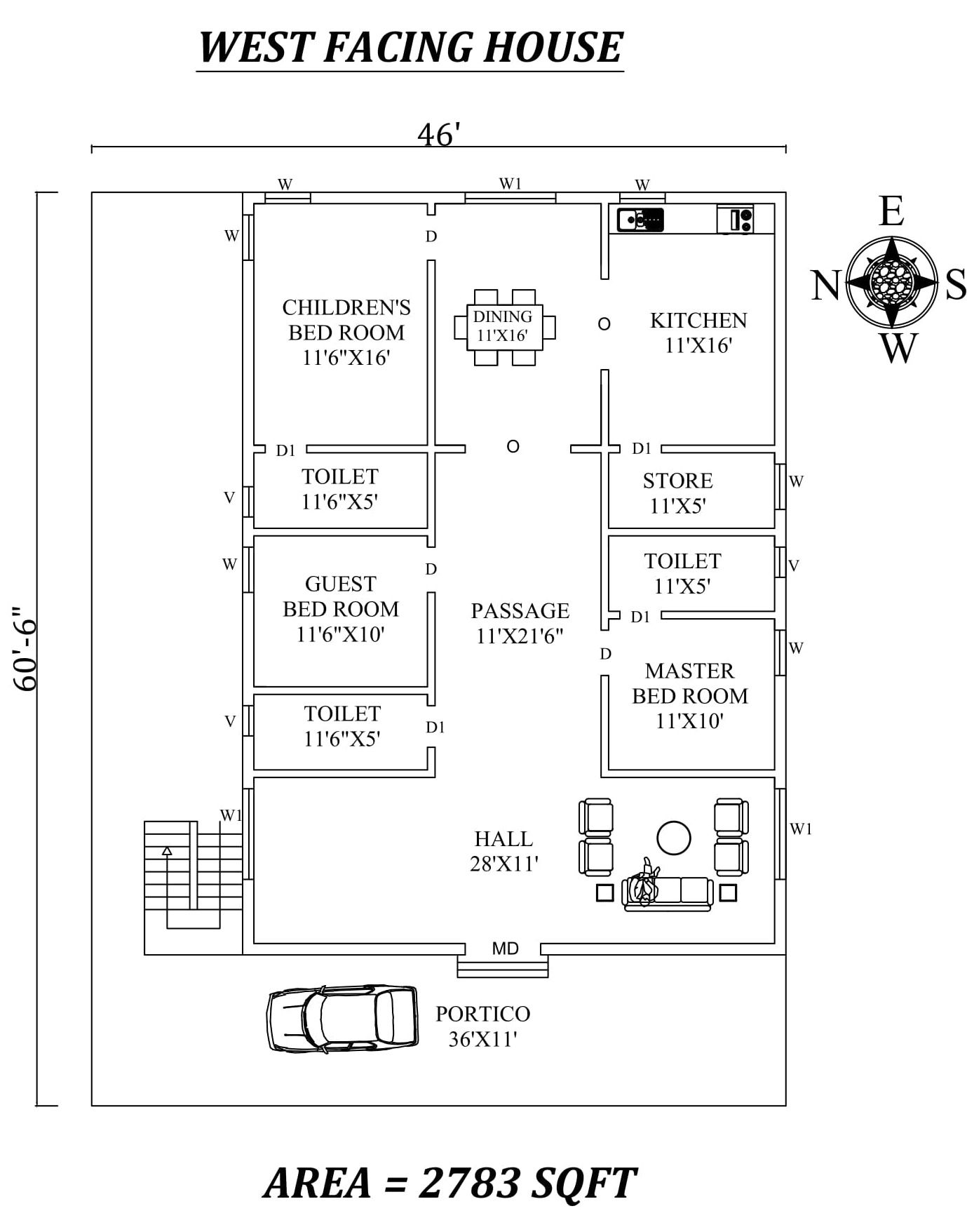 46'X 60'6" Amazing3bhk West facing House Plan As Per Vastu Shastra,Autocad DWG and Pdf file details.
