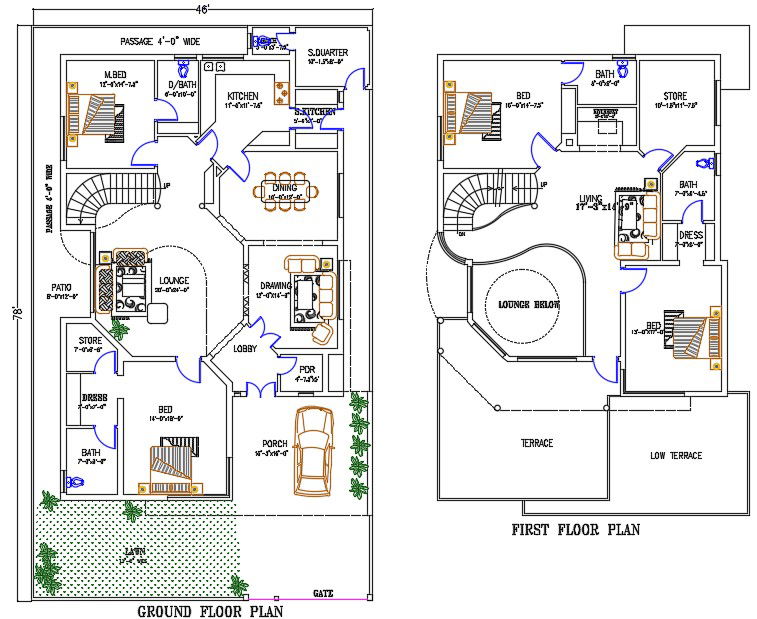 46'X78' House Ground Floor And First Floor Plan With Furniture Layout DWG File