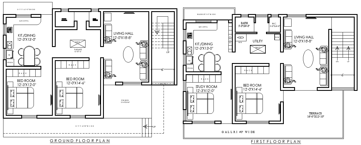46ft×28.9ft Double Story House Floor Plan in DWG File