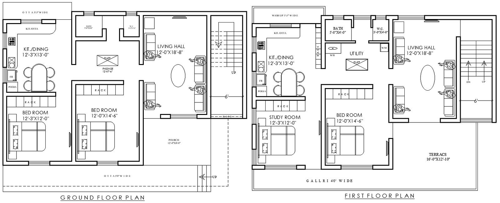 AutoCAD 46ft×29ft Residential Two-Floor Layout Plan