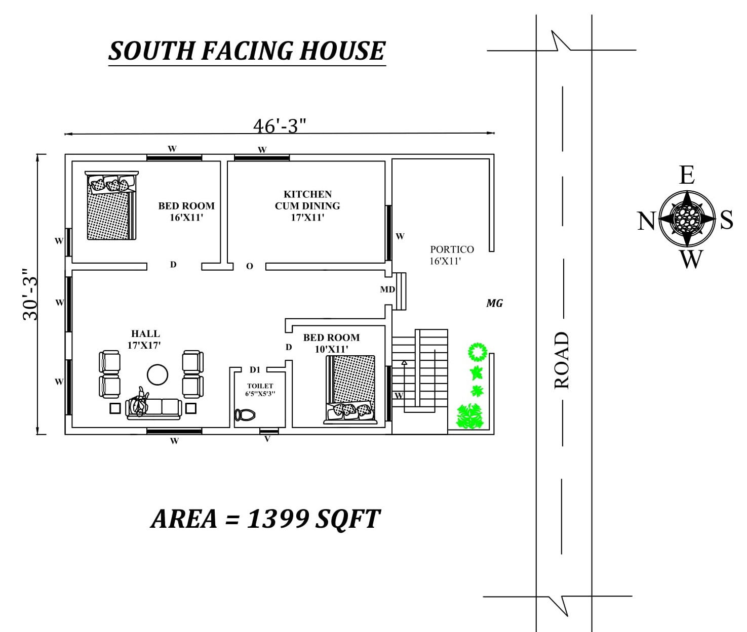 46'x30' 2BHK South facing house plan as per vastu shastra , Autocad dwg file details.
