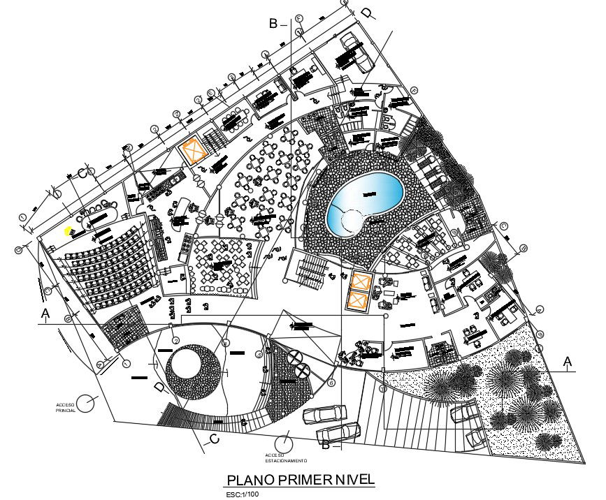 46x40m hotel cum multifunctional Ground Floor Plan Drawing DWG File