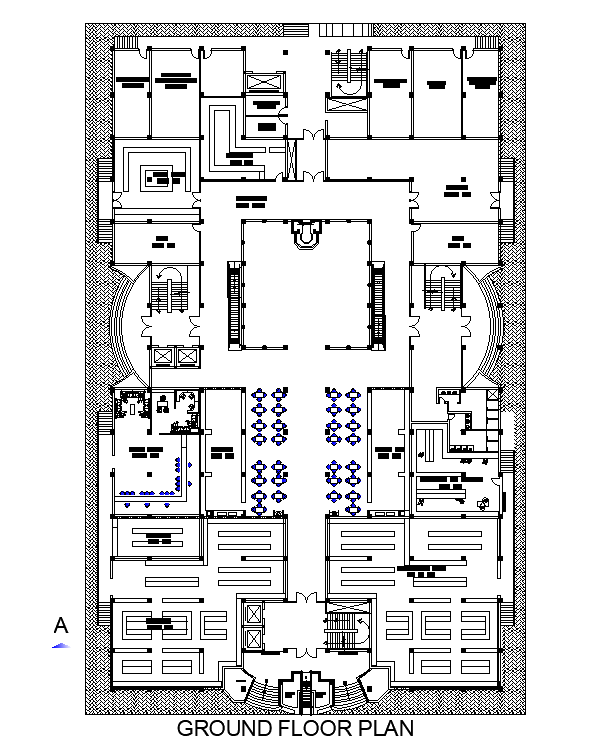 46x76m office ground floor plan is given in this AutoCAD model. Download now.