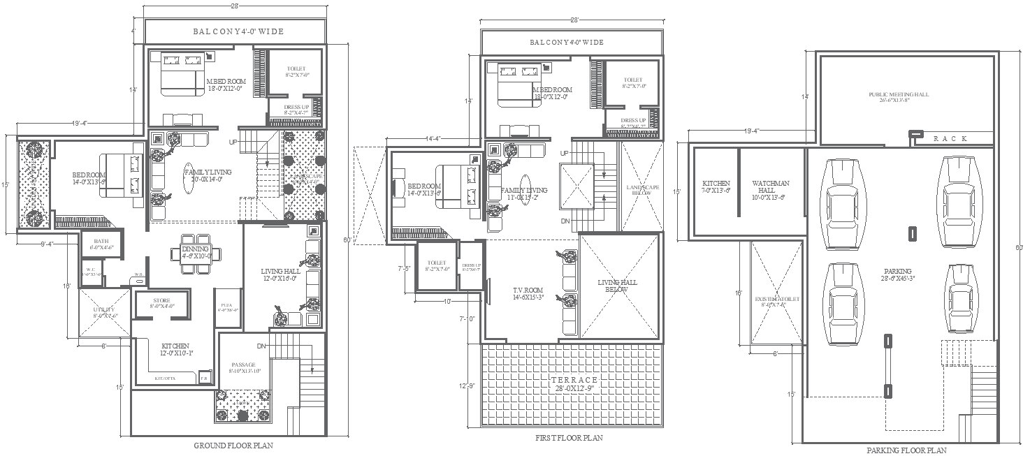 47.4ftx60ft 4BHK House with Parking in DWG Floor Plan