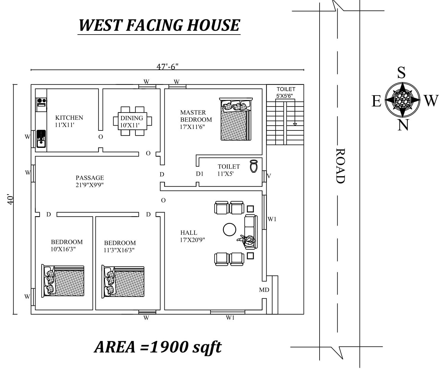 47'6"X 40' Beautiful 3bhk Fully Furnished West facing House Plan As Per Vastu Shastra,Autocad DWG and Pdf file details.