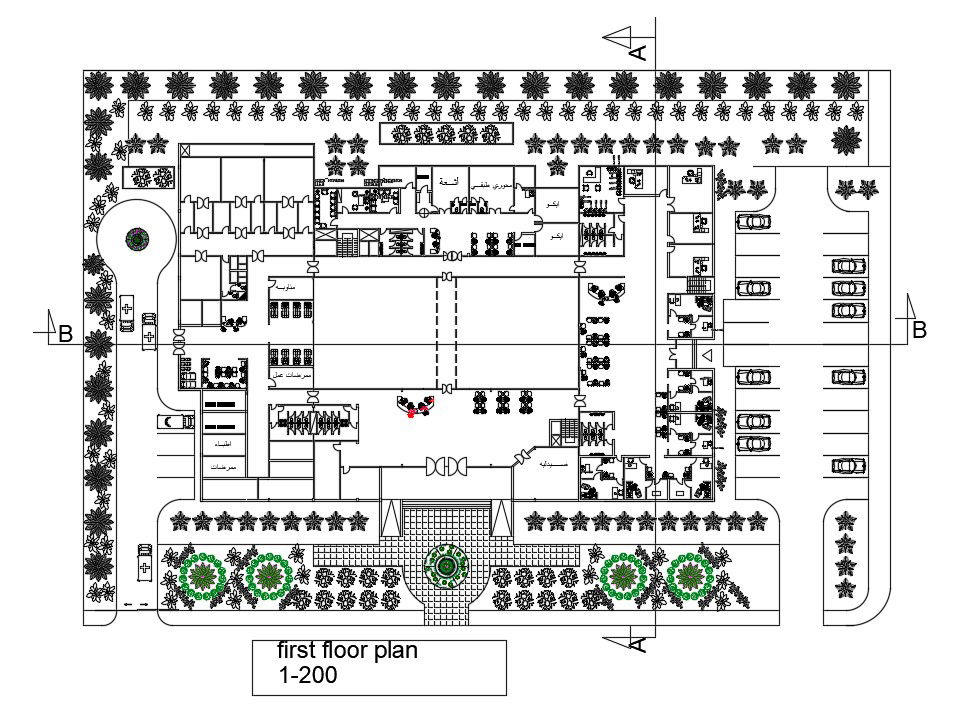 47x33m first floor hospital plan is given in this AutoCAD file. Download now.