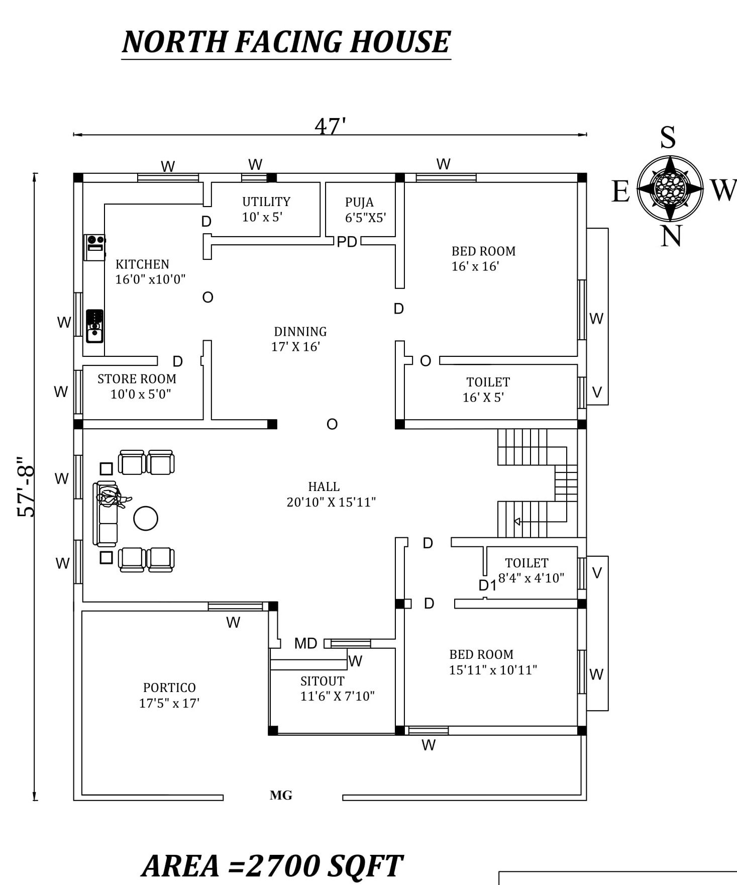  47'x57'8" Amazing North facing 2bhk house plan as per vastu Shastra,Autocad DWG and PDF file Details