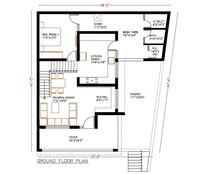 48' X 38' Ground Floor Plan Of House Building Design DWG File