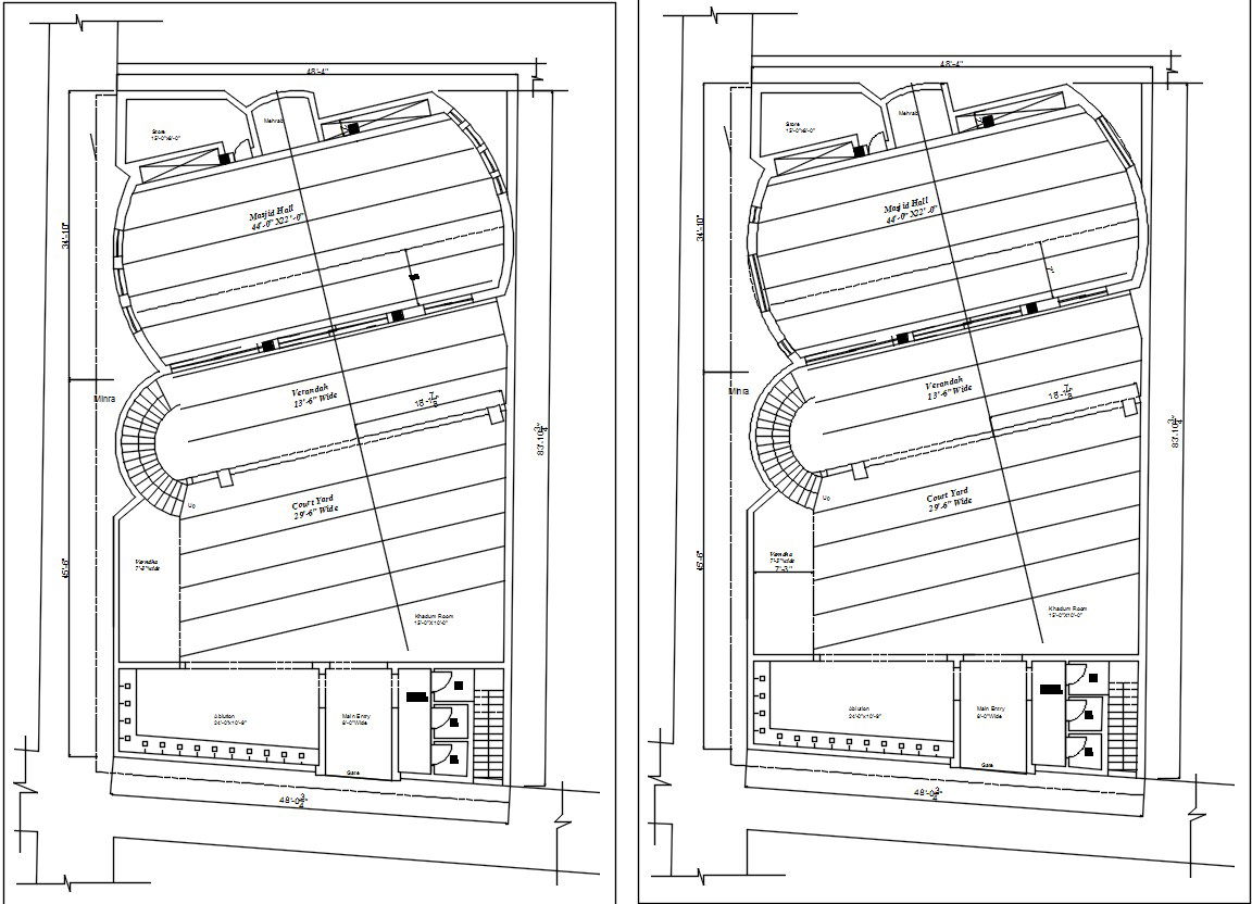 48'4"x83'11" mosque floor plan design in AutoCAD 2D drawing, CAD file, dwg file