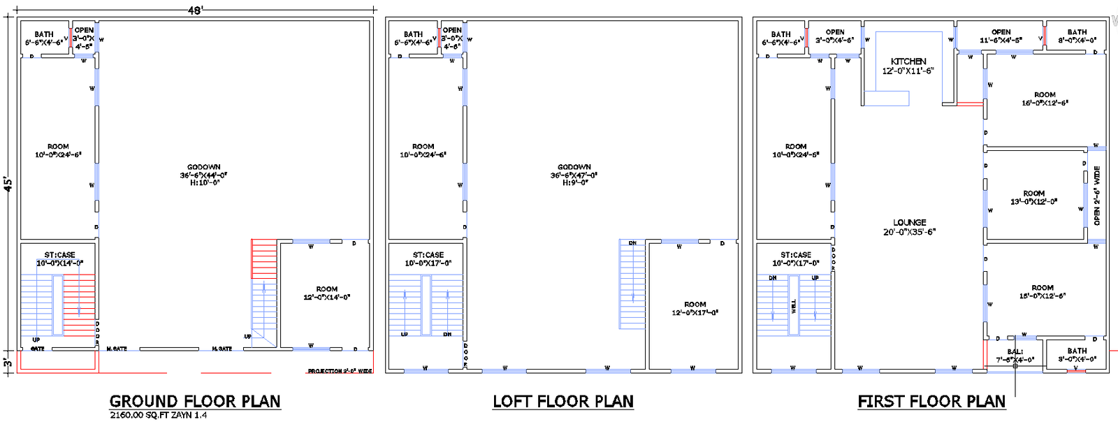 48×45 ft Godown with Residential Floor AutoCAD DWG Layout