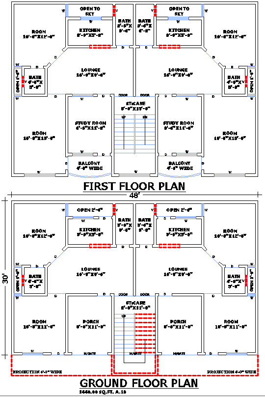 48x30 Modern Duplex Floor Plan in AutoCAD DWG Format