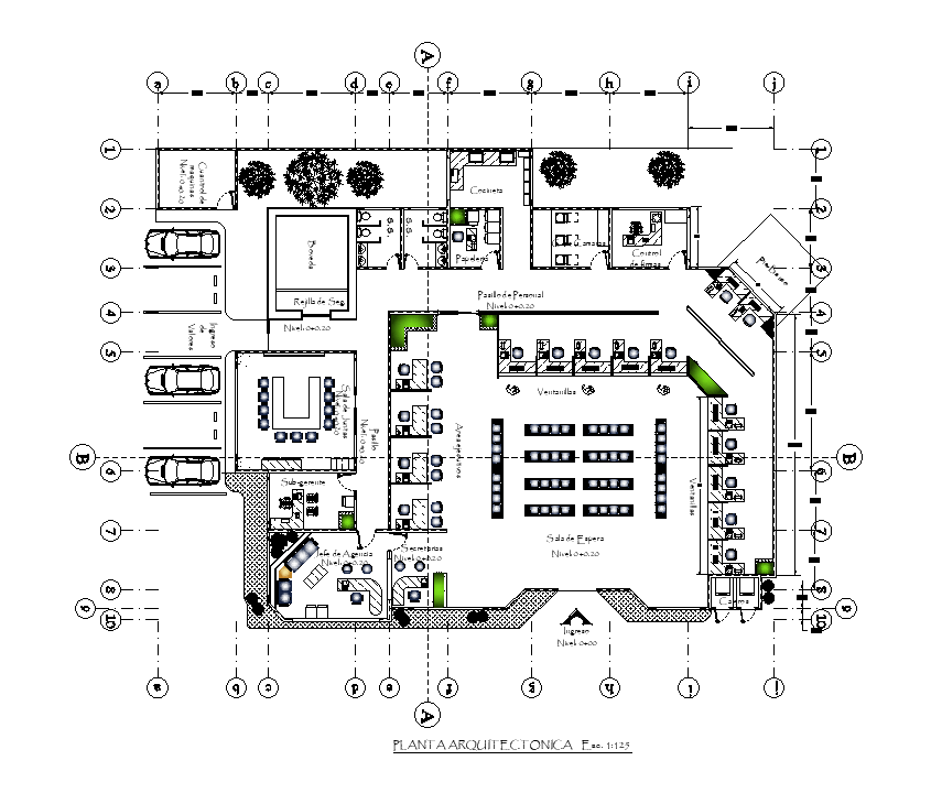 48x35m interior office plan is given in this Autocad drawing file. Download now.