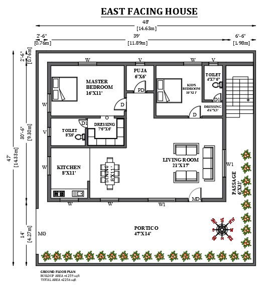 48’x47’ East facing house plan as per vastu shastra is given in this FREE 2D Autocad drawing file. Download now.