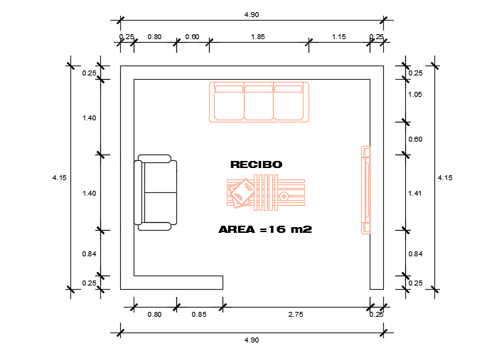 4900x4150mm architecture living room plan AutoCAD model is given in this file